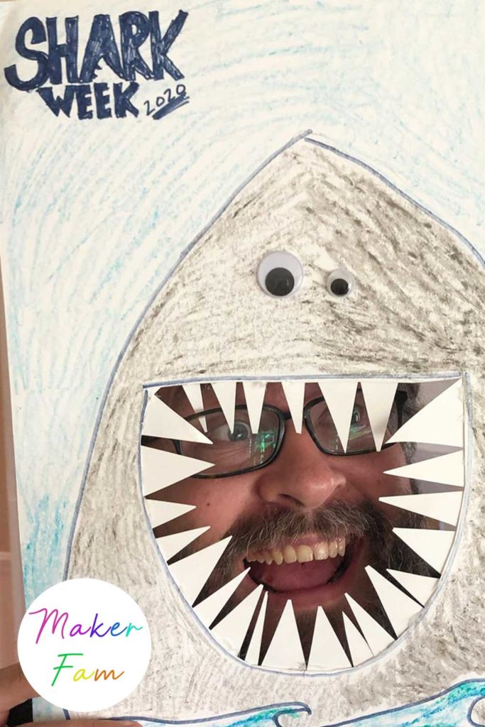 shark week activity showing funny shark picture frame with man