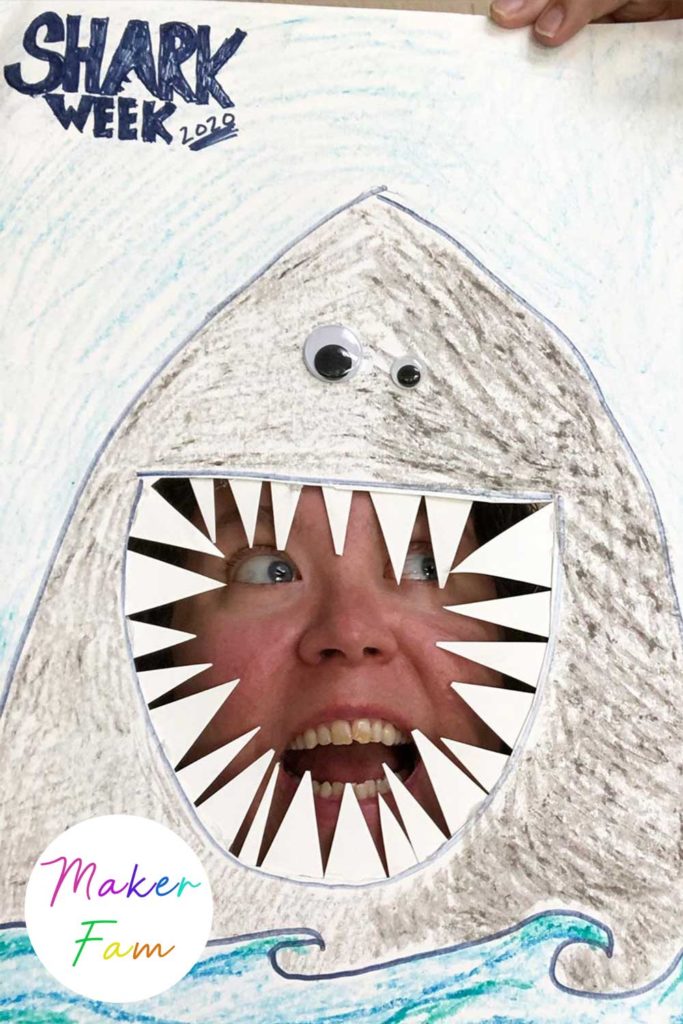 shark week activity showing funny shark picture frame with woman